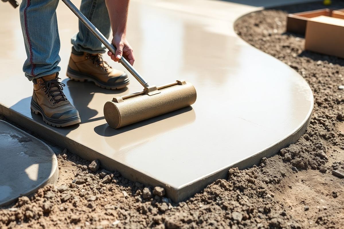Concrete finisher floating a wet driveway slab over a compacted base
